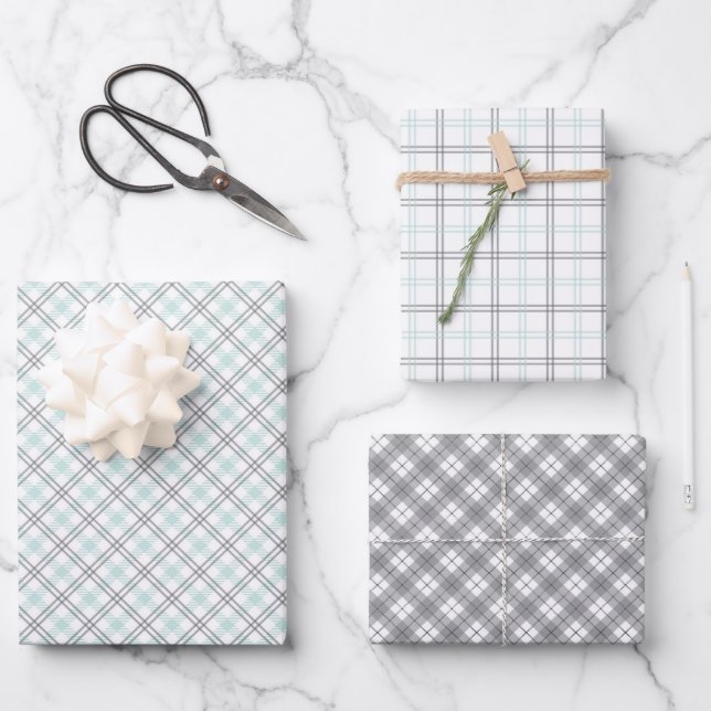 Mint Green & Grey Gingham Wrapping Paper Sheets Geschenkpapier Set (Vorderseite)