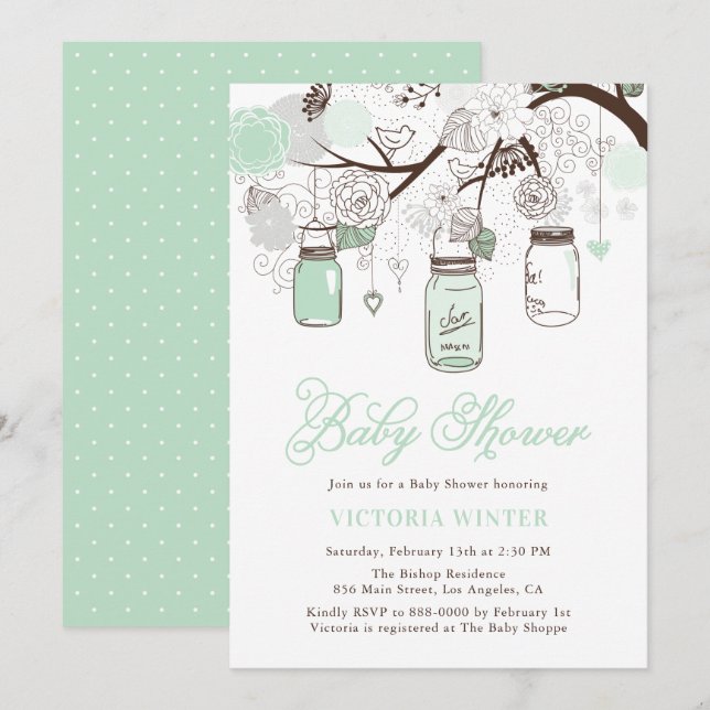 Mint Green Hanging Mason Jars Floral Baby Dusche Einladung (Vorne/Hinten)