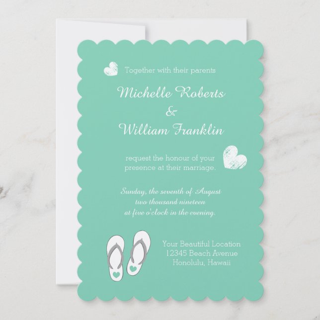 Mint Green Herz Strand Slipper Hochzeit Einladunge Einladung (Vorderseite)