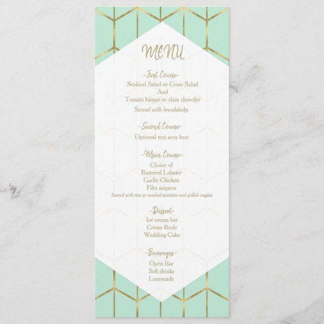 Mint Green Hexagon Gold Geometric Wedding Menu Menükarte (Vorderseite)