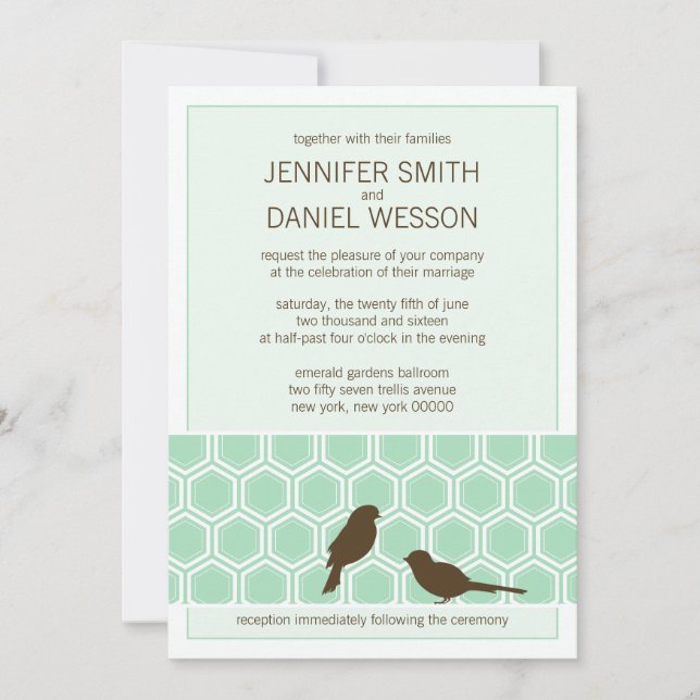 Mint Green Honeycomb Muster Love Birds Hochzeit Einladung (Vorderseite)