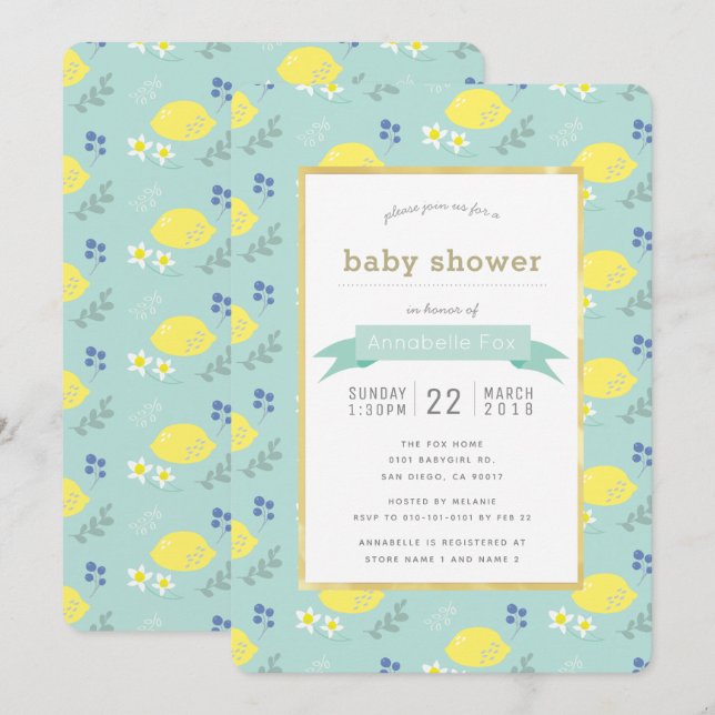 Mint Green Lemon Floral Baby Dusche Einladung (Vorne/Hinten)