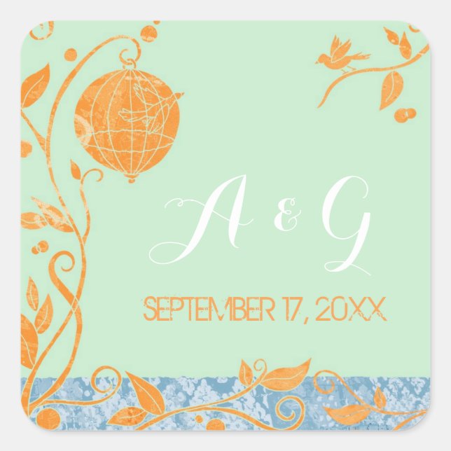 Mint Green Love Birds Wedding Monogramme Quadratischer Aufkleber (Vorderseite)