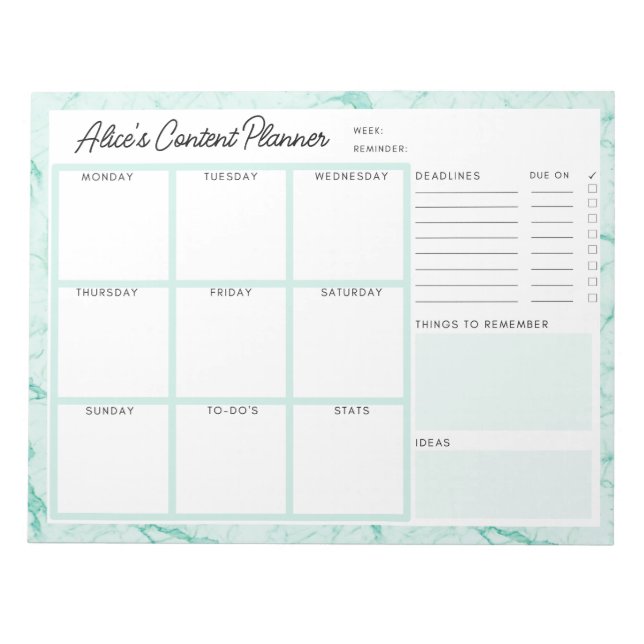 Mint Green Marble Content Planner Notizblock (Vorderseite)