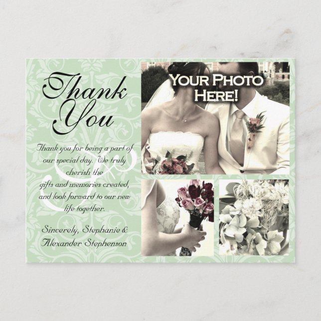 Mint Green Mariage damassé Carte de remerciements  (Devant)