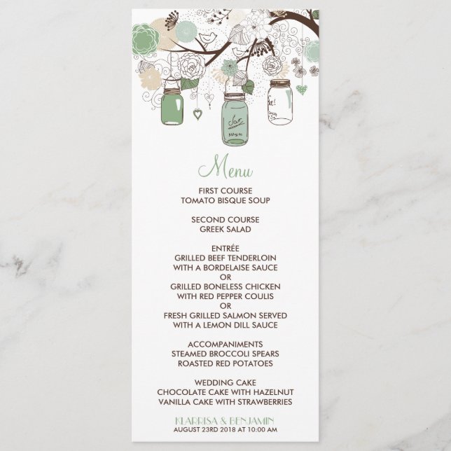 Mint Green Mason Jars Wedding Menu Card Menükarte (Vorderseite)