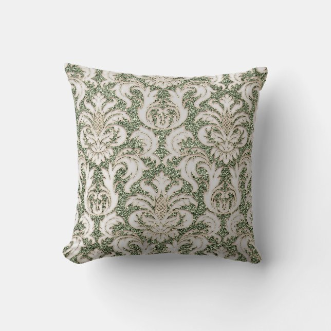 Mint Green Metal Damask Silver Gray Pealy Glitzer Kissen (Vorderseite)