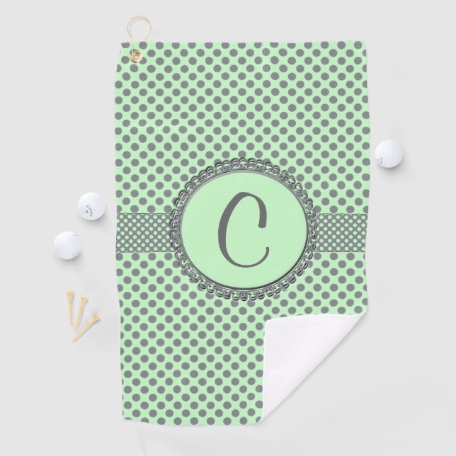 Mint Green mit Grey Polka Dots-Monogram STaylor Golfhandtuch (Insitu)