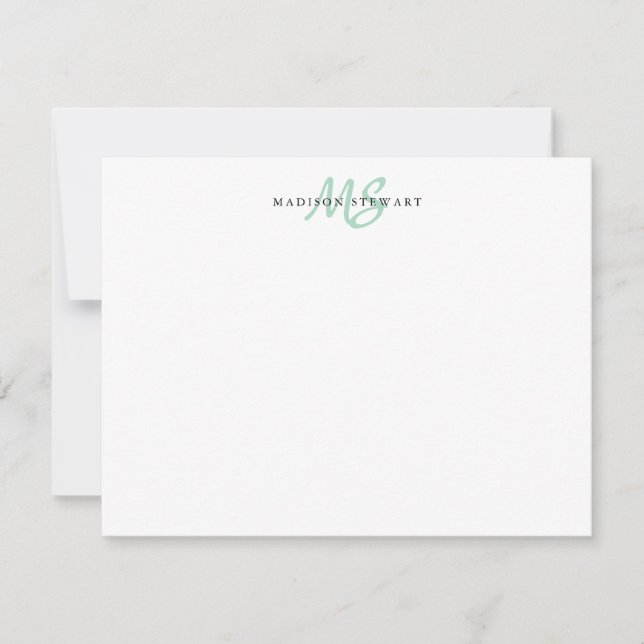 Mint Green Modern Trendy Brush Script Monogram Mitteilungskarte (Vorderseite)