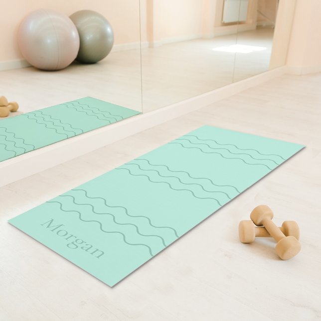 Mint Green Modern Wavy Lines With Custom Name Yogamatte (Disclaimer: This image is a digital mockup.)