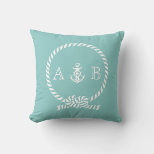 Mint Green Nautical Rope and Anchor Monogram Kissen
