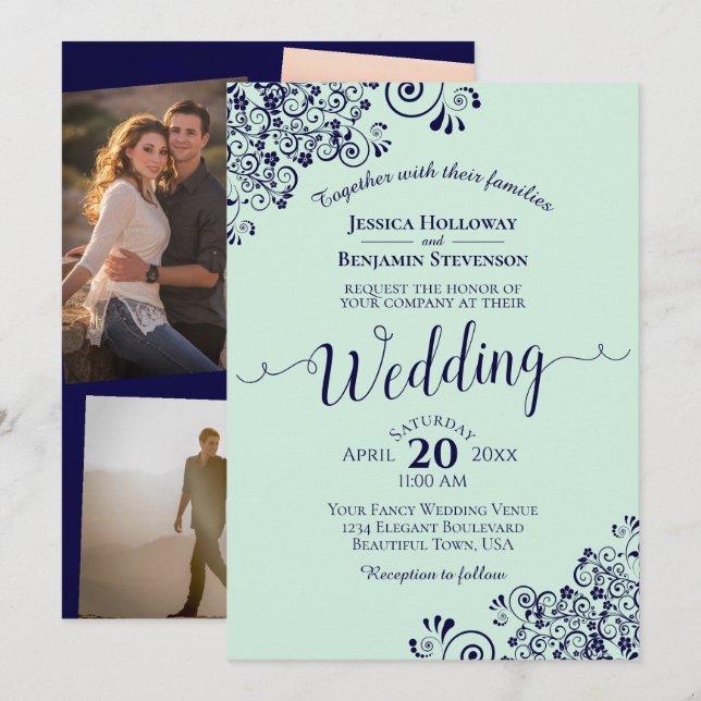 Mint Green & Navy Blue Lace Foto Collage Wedding Einladung (Vorne/Hinten)