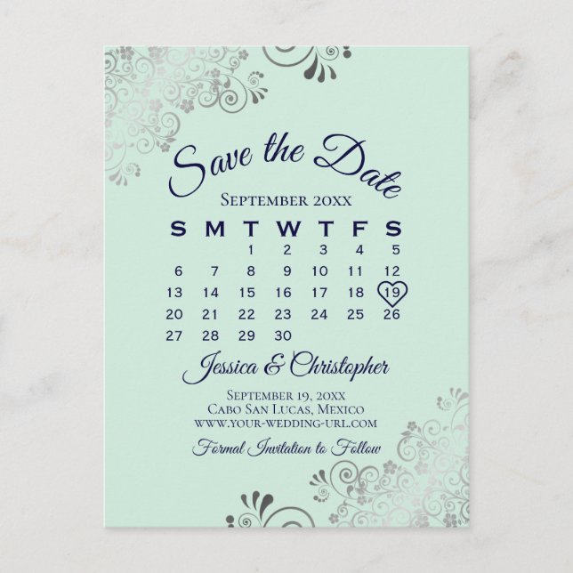 Mint Green & Navy Hochzeit Speichern Sie den Datum Ankündigungspostkarte (Vorderseite)