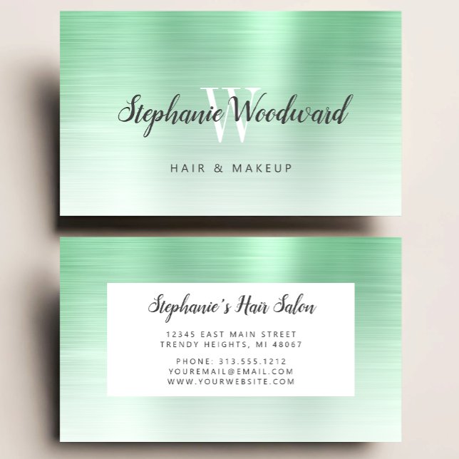 Mint Green Ombre Brushed Metal Monogram Hair Salon Visitenkarte (Von Creator hochgeladen)