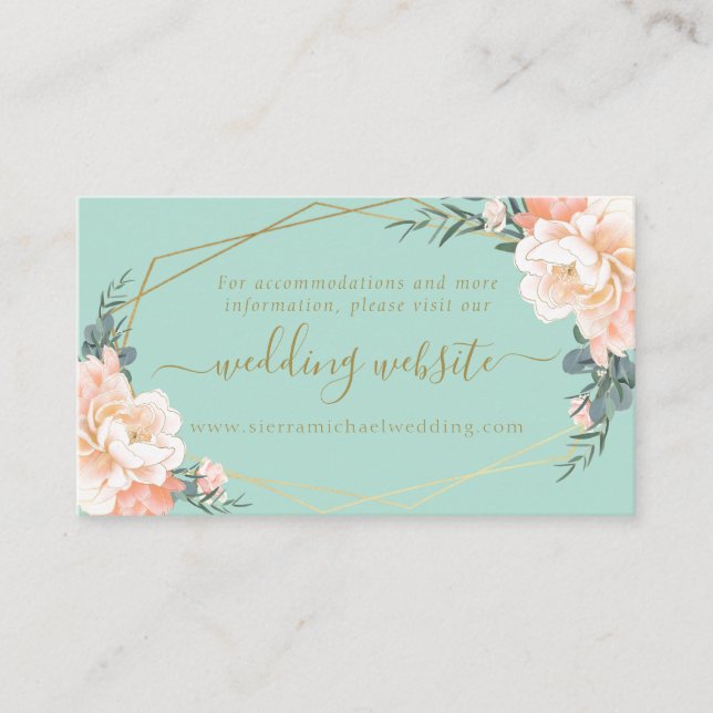 Mint Green Peach Cream Gold Floral Wedding Website Begleitkarte (Vorderseite)