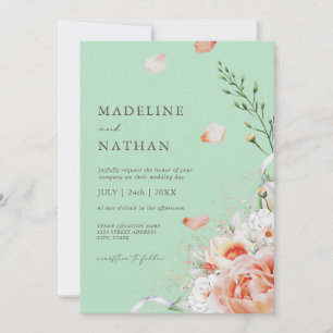 Mint Green & Peach Floral Wedding Einladung