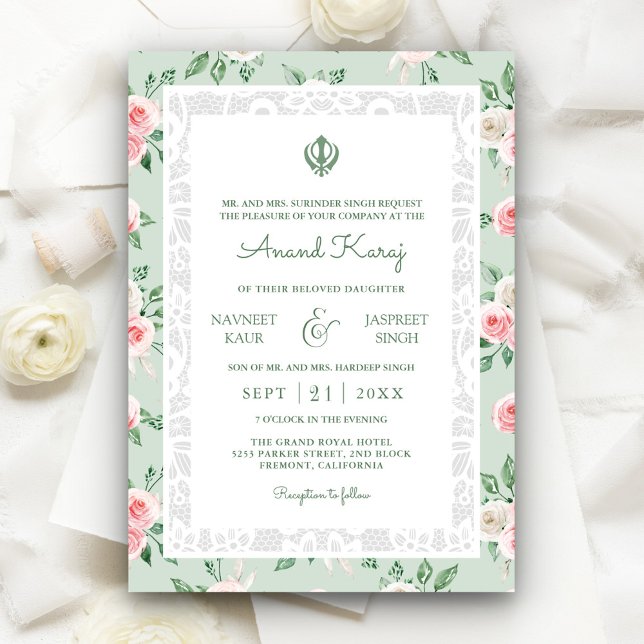 Mint Green Pink Anand Karaj Punjabi Sikh Wedding Einladung (Von Creator hochgeladen)