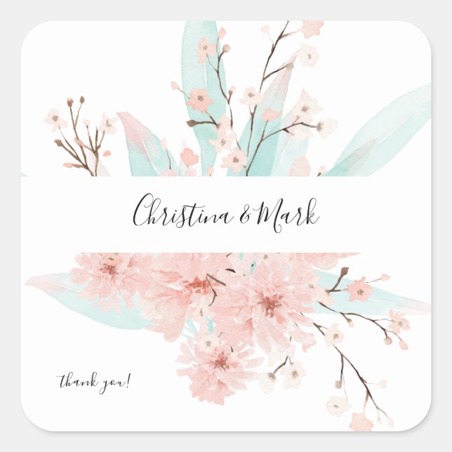 Mint Green & Pink Floral Vielen Dank Quadratischer Aufkleber (Vorderseite)