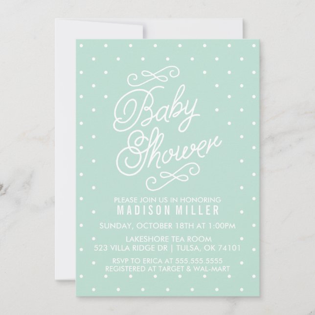 Mint Green Polka Dots Baby Dusche Einladung (Vorderseite)