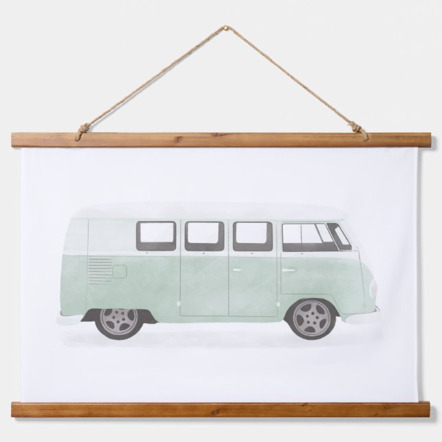 Mint Green Retro Van Kinderzimmer Dekor Wandteppich Mit Holzrahmen (Vorne)