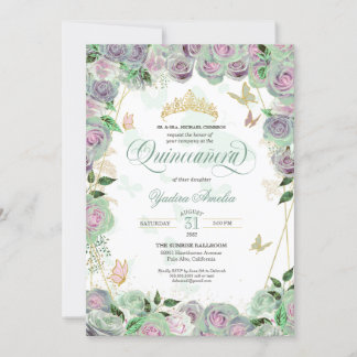 Mint Green Rose Elegant Butterfly Quinceanera Einladung
