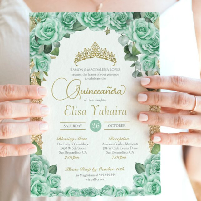 Mint Green Rose Floral Gold Elegante Quinceanera Einladung (Von Creator hochgeladen)