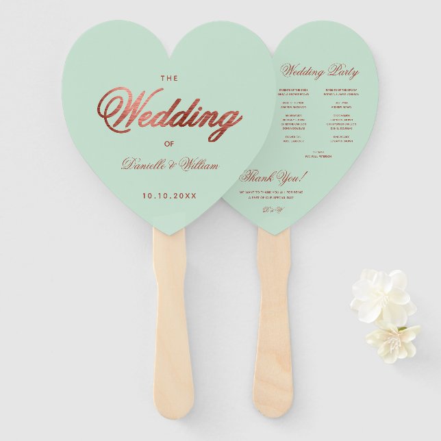 Mint Green Rose Gold Wedding Program Heart Fächer (Vorne und Hinten)