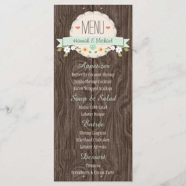 Mint Green Rustic Floral Wedding Card Menükarte (Vorderseite)