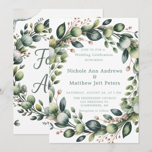 Mint Green & Sage Green Eucalyptus Wedding Einladung (Vorne/Hinten)