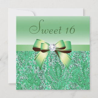 Mint Green Sequins, Bow & Diamond Sweet 16 Einladung