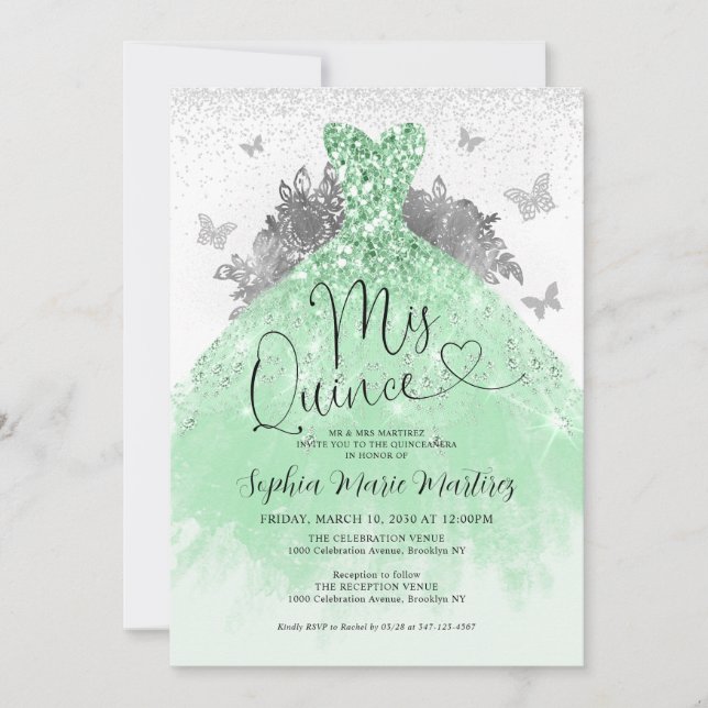 Mint Green Silver Dress Mis Quince Quinceañera Einladung (Vorderseite)