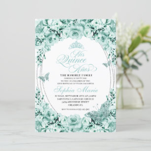 Mint Green Silver Floral Tiara Quinceanera Einladung