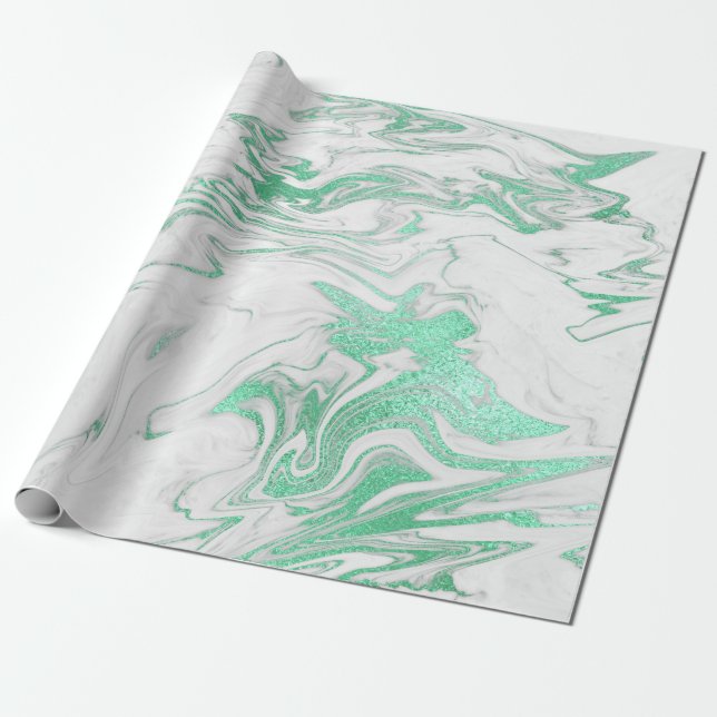 Mint Green Silver Grau Weiß Marmor Shiny Glam Geschenkpapier (Ungerollt)