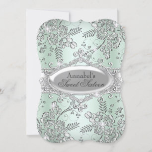 Mint Green Silver Sparkle Blume Sweet 16 Einladung