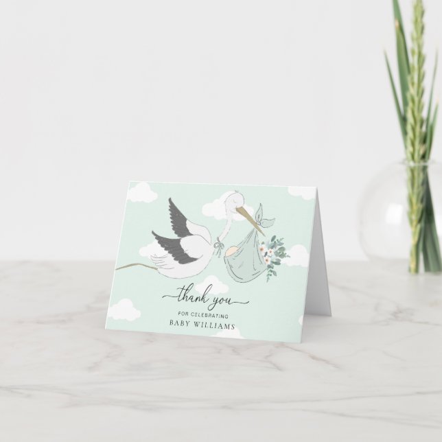 Mint Green Stork Baby Dusche Danke Karte (Vorderseite)