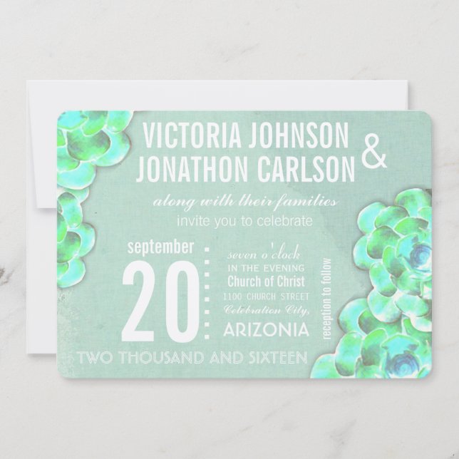 Mint Green Sukkulent Moderne Hochzeit Einladung (Vorderseite)