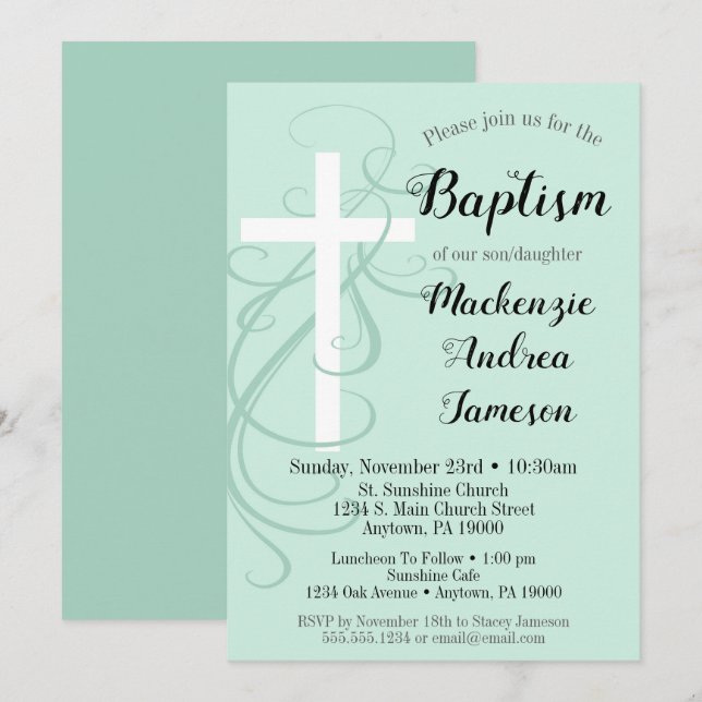 Mint Green Swirl Cross Baptism Invitation Girl Boy (Devant / Derrière)