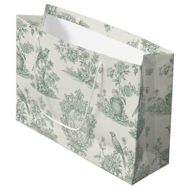 Mint Green Toile Floral and Bird Pattern Große Geschenktüte (Vorderseite Schrägansicht)