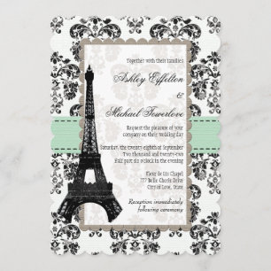 Mint Green und Black Damask Eiffelturm Hochzeit Einladung