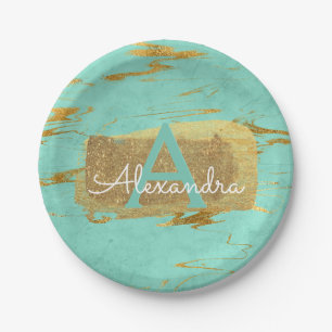 Mint Green und Gold Foil Elegante Marble Geburtsta Pappteller