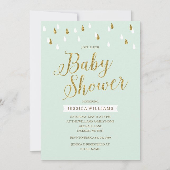 Mint Green und Gold Glitzer Raindrops Baby Shower Einladung (Vorderseite)