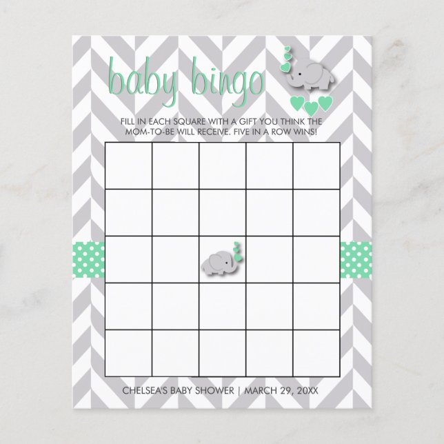 Mint Green und Gray Elephant Baby Shower Bingo (Vorderseite)