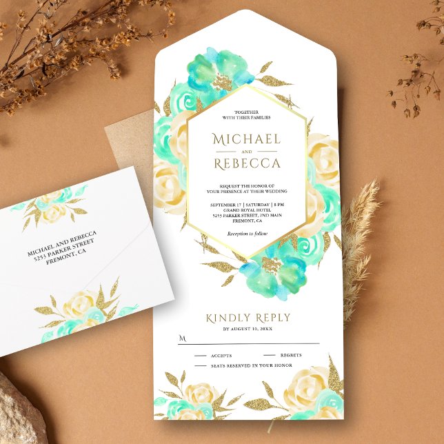 Mint Green und Ivory Gold Floral Bouquet Wedding All In One Einladung (Von Creator hochgeladen)