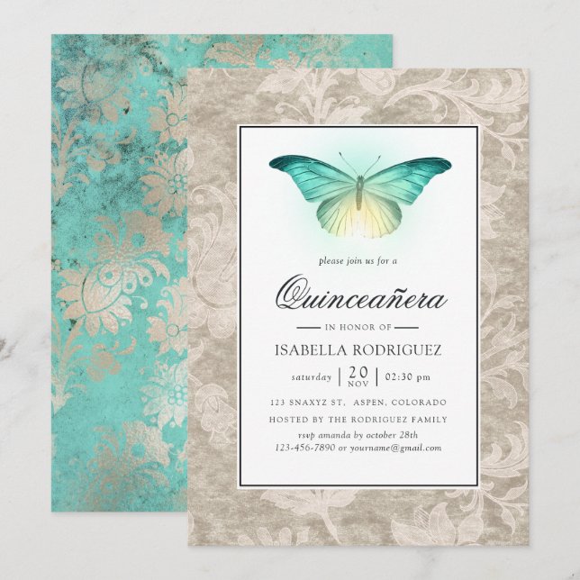 Mint Green und Pearl Damask Quinceañera Einladung (Vorne/Hinten)