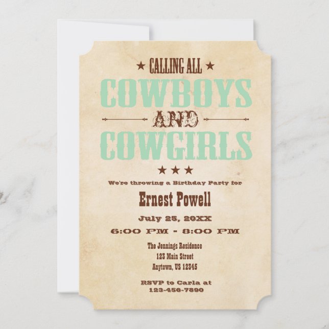 Mint Green Vintag Cowboy Birthday Einladung (Vorderseite)