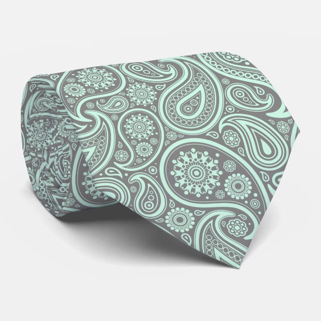 Mint-Green Vintag Paisley Custom Gray Background Krawatte (Gerollt)