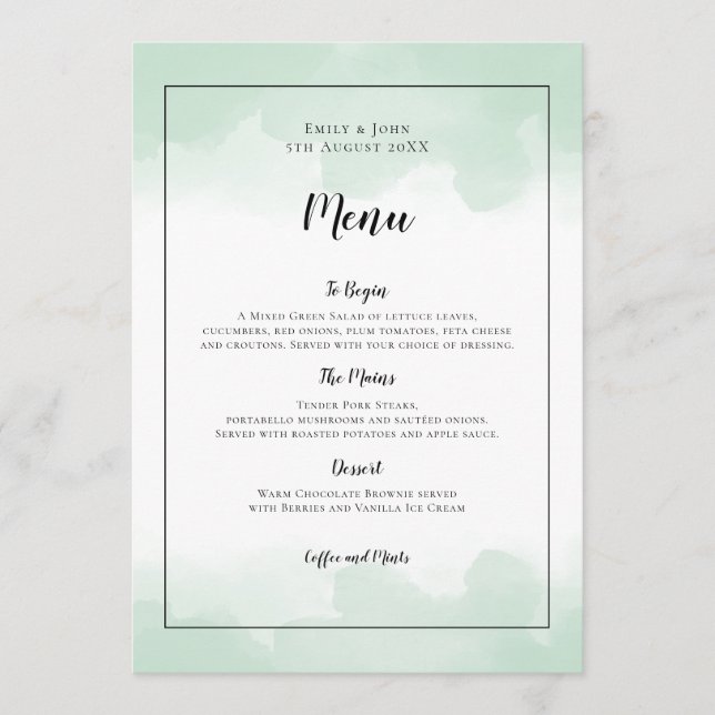 Mint Green Wasserfarben Schwarzes Skript Hochzeit Menükarte (Vorderseite)