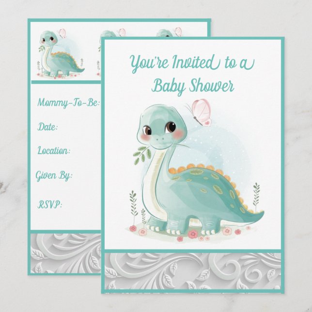 Mint Green Water Baby Dinosaur Dusche Einladung (Vorne/Hinten)