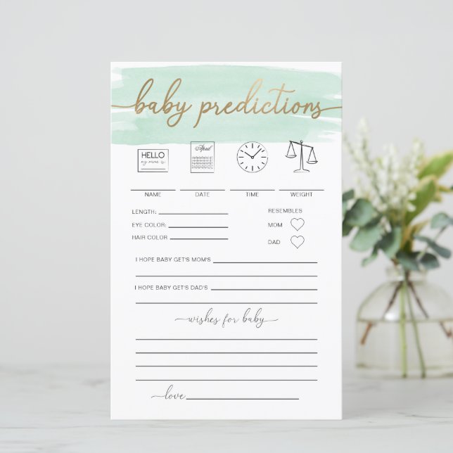 Mint Green Watercolor Baby Predictions Game (Stehend Vorderseite)