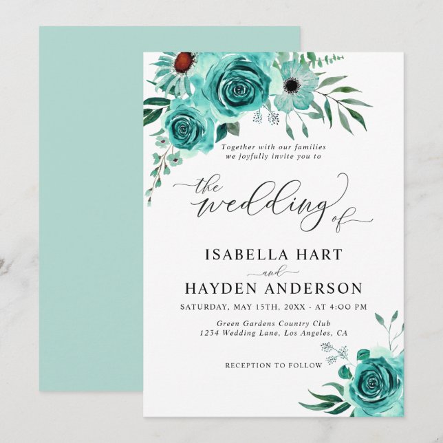 Mint Green Watercolor Floral Elegante Hochzeit Einladung (Vorne/Hinten)